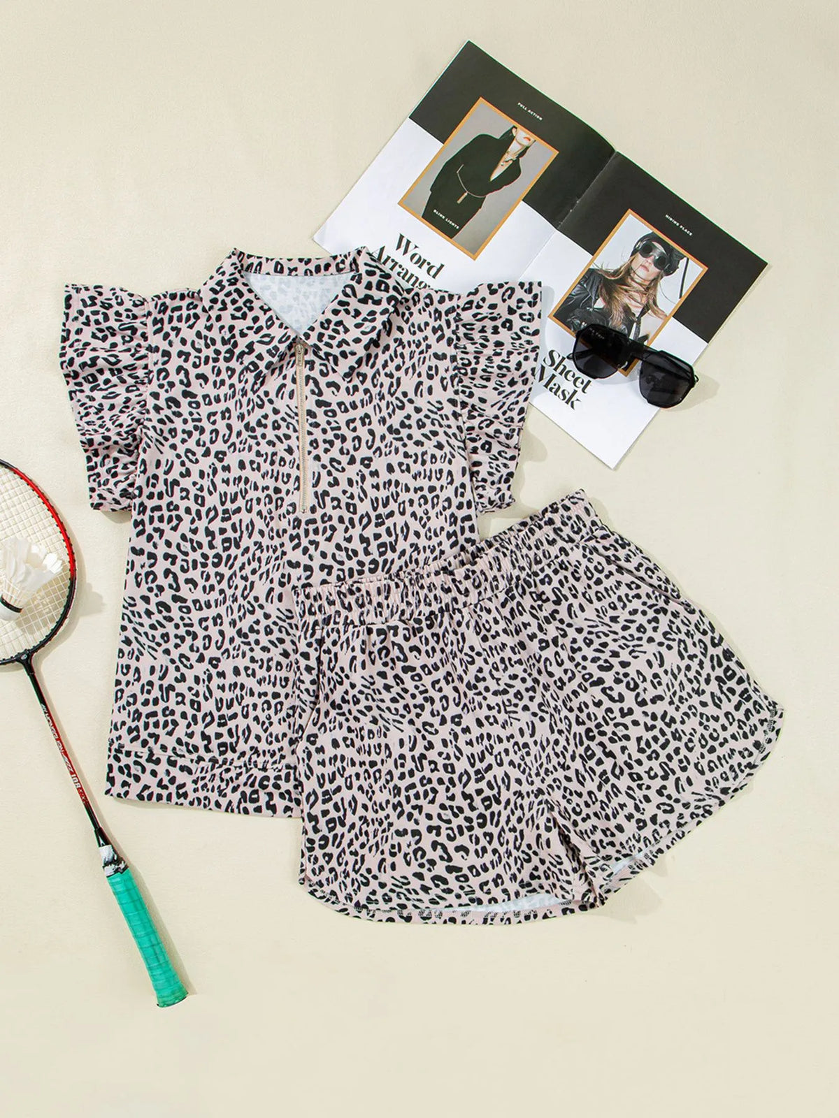 Leopard Print Cap Sleeve Top and Shorts Summer Set