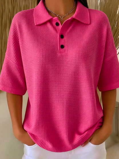 Cross-Border  Foreign Trade Fashion Waffle Short-Sleeved T-Shirt Solid Color Button T-Shirt Polo Collar Pullover Loose Top
