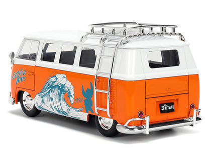 1961 Volkswagen Bus "Catching Waves" White and Orange with Stich Diecast Figure "Disney's Stitch" "Hollywood Rides" Series 1/24 Diecast Model by Jada