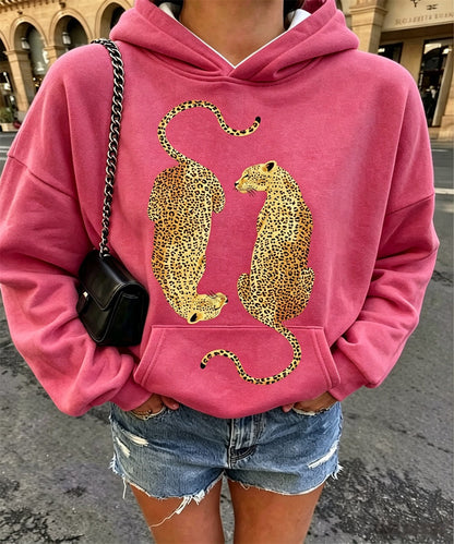 Women's Vintage Two Leopards Graphic Print Hoodie, Long Sleeve Drawstring Casual Pullover Sweatshirt With Kangaroo Pocket