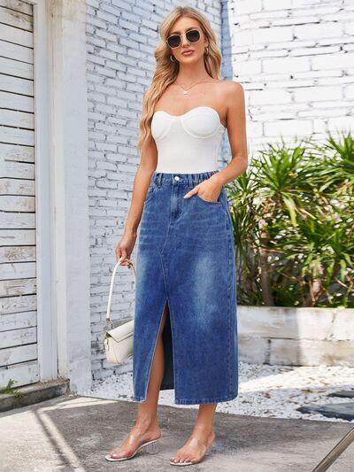 Slit Midi Denim Skirt with Pockets for Stylish Women