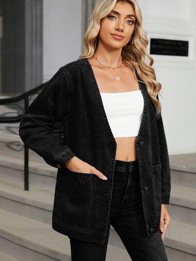 Pocketed V-Neck Button Up Denim Jacket for Stylish Looks