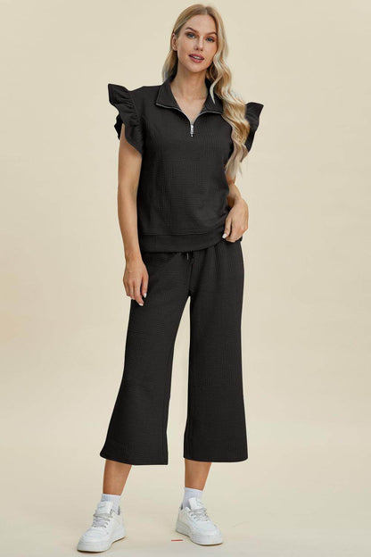 Double Take Full Size Texture Ruffle Top and Pants Set