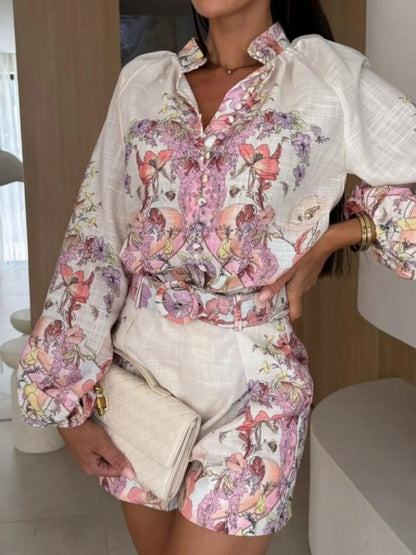 Printed Long Sleeve Shirt and Shorts Set