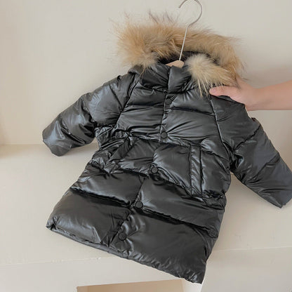 Autumn And Winter Children's Down Jacket Mid-length Big Fur Collar Thick Down Coat Glossy Winter Children's Clothing Wholesale