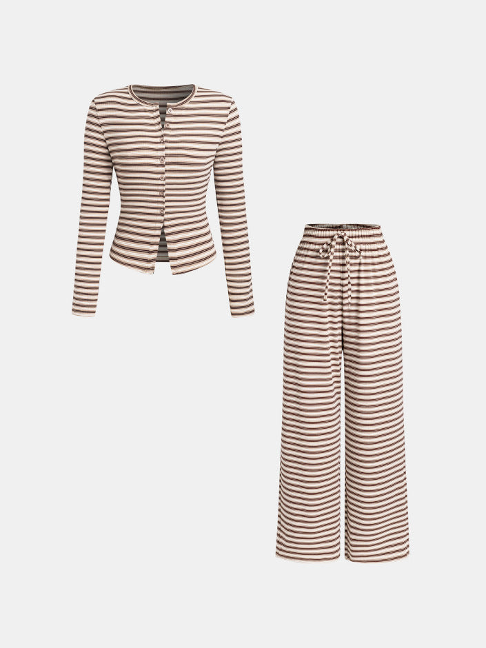 Women's Striped Single-breasted Knit Long-sleeve Pants Set