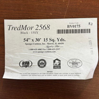 TRED-MOR Commercial Cushion Roll For Double-stick Carpet Installations 2568 Sz 54" x 30' Black