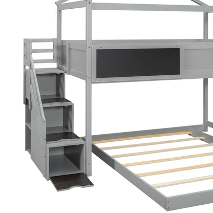 Twin over Full House Bunk Bed with Storage Staircase and Blackboard Gray