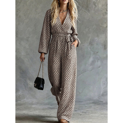 Womens Casual Belted V-neck One-piece Jumpsuit With A Fitted Waist