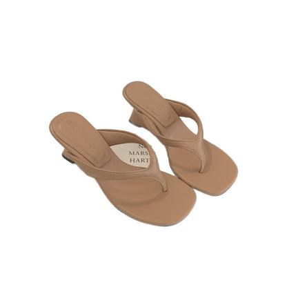Square-toe Wedge Thong Sandals With High Heels