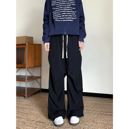 Solid-color Pleated Workwear Mens Straight-leg Loose Wide-leg Versatile Minimalist Drawstring Casual Trousers