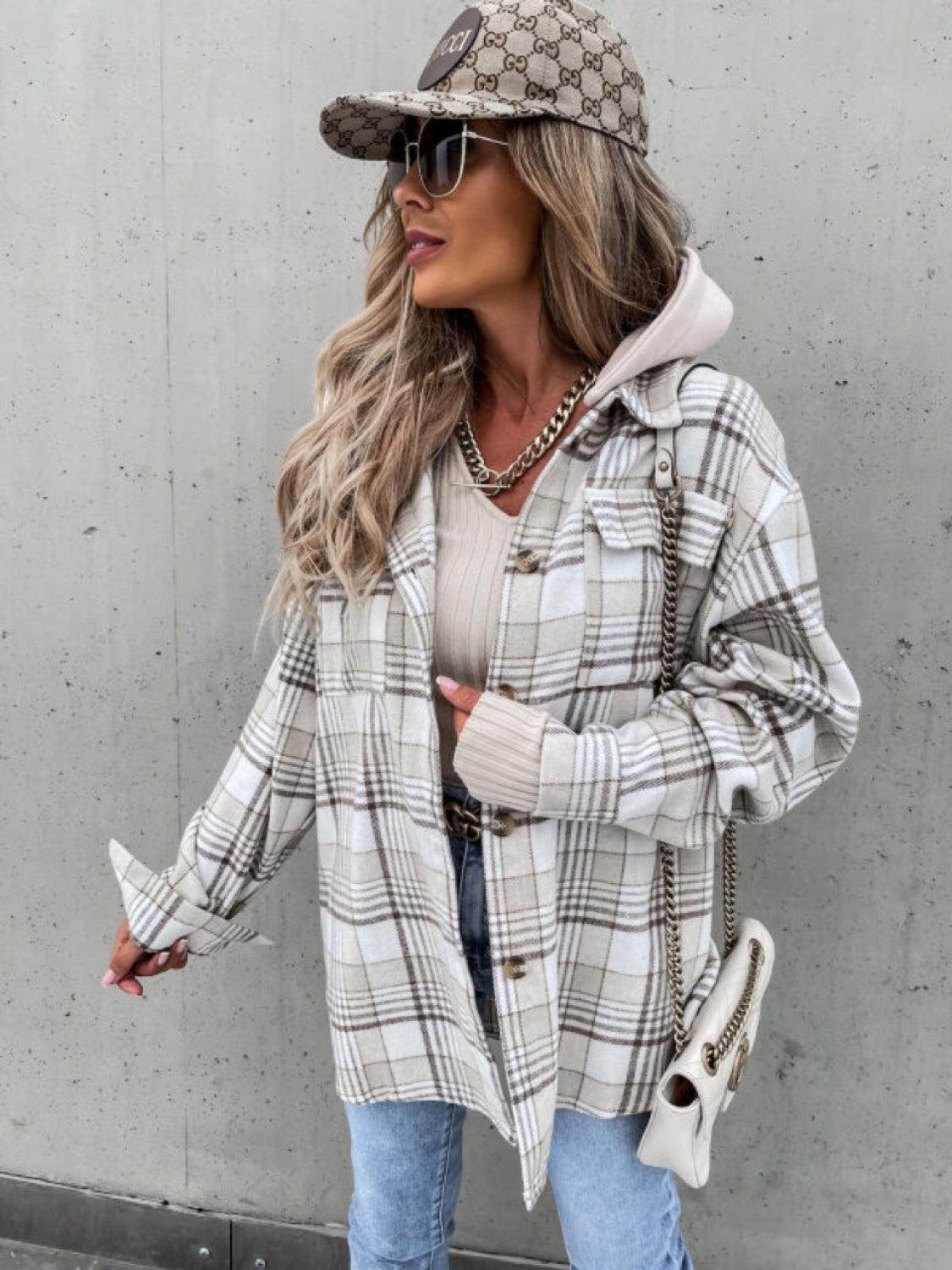 Plaid Dropped Shoulder Hooded Jacket for Casual Style