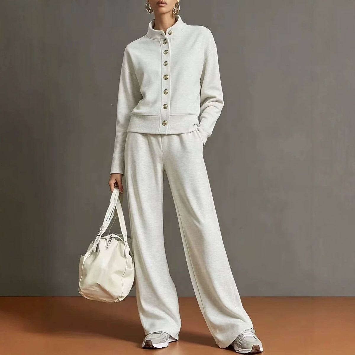 Stand-collar Cardigan And Wide-leg Pants Set