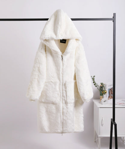 Rex Rabbit Fur Thickened Long Hooded Fur Coat Women