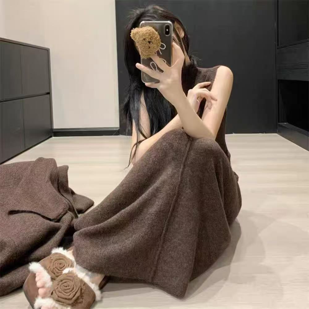 Laid-back Long Knit Cardigan And Sweater Set