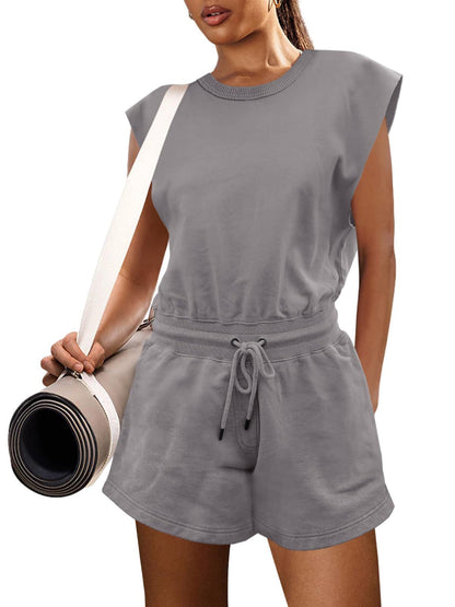 Solid Color Waist Drawstring Fashion Casual Jumpsuit