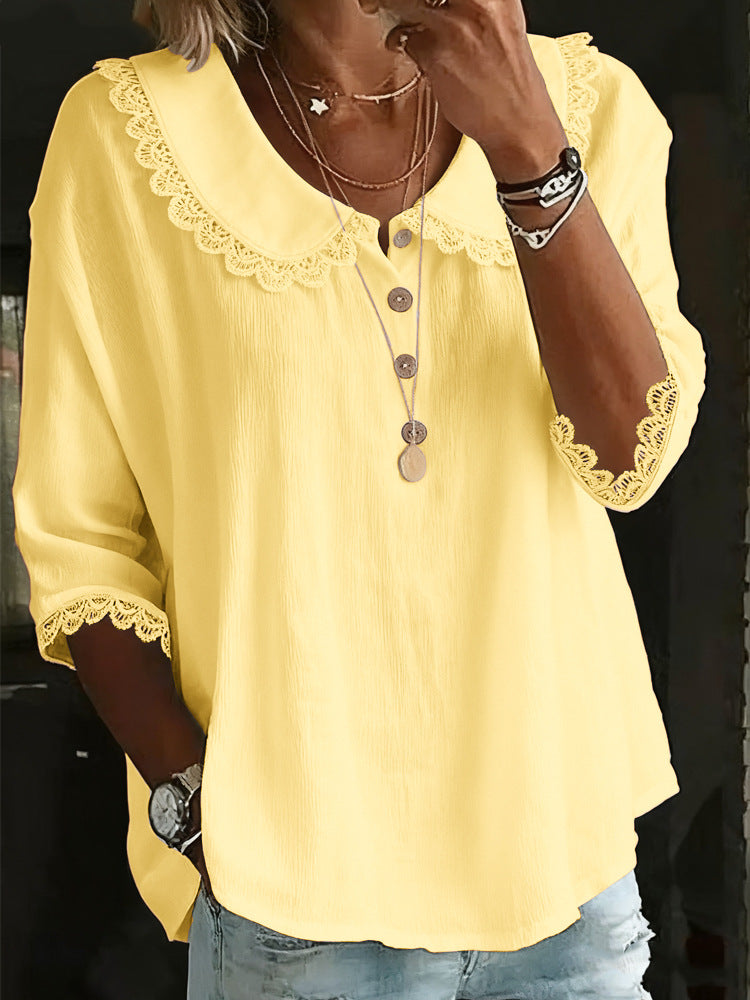 Fashionable Collar With Lace Trim Blouse Tops For Women Spring Summer Solid-Color Button-Up Shirt