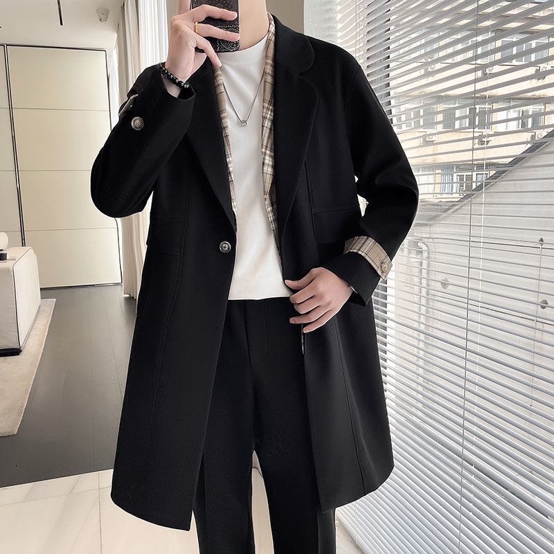 Mens Jacket Plaid Shirt Collar Color-block Patchwork Slim-fit Trench Coat Trendy