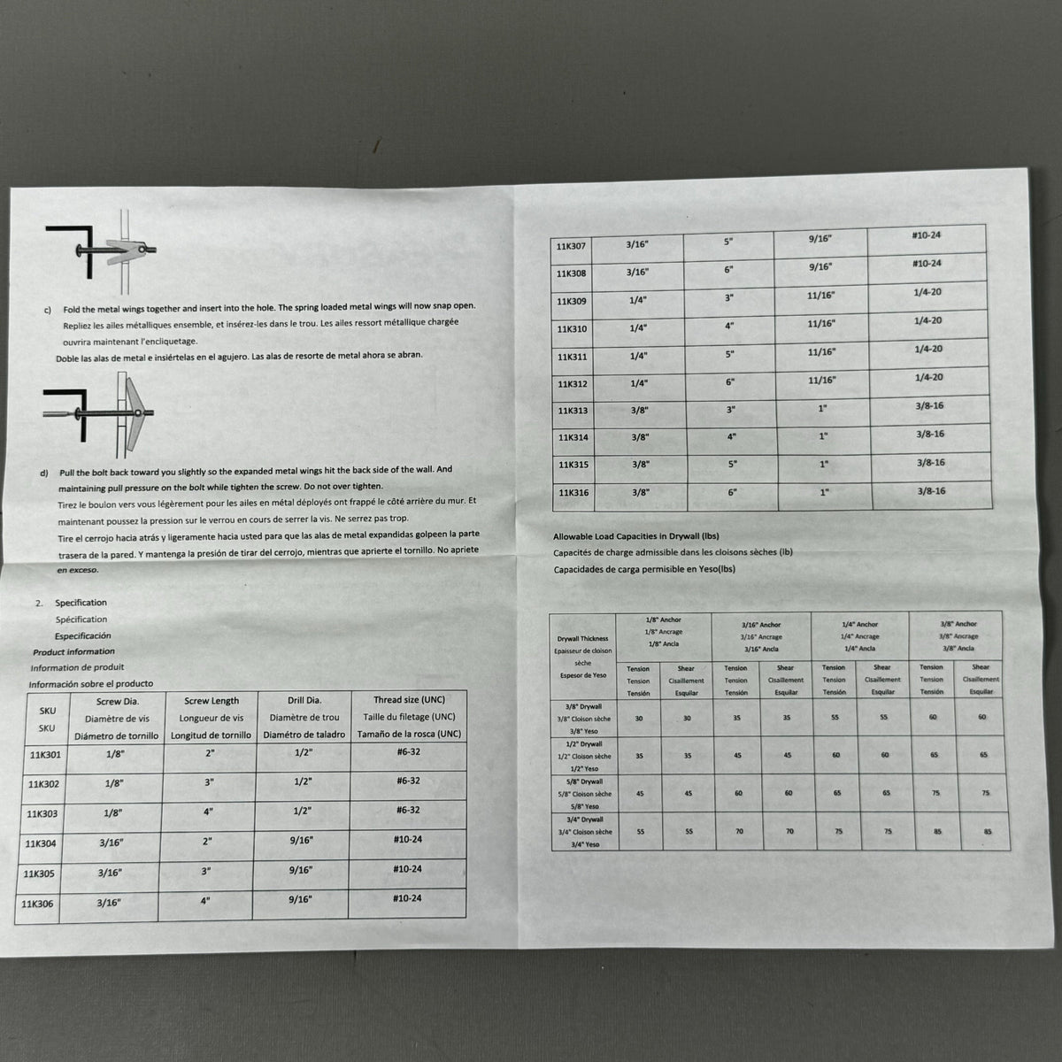 GRAINER (50 PACK) Zinc Plated Toggle Bolt Anchor 1/16"Dia 1/4"-20 Thread 11K312