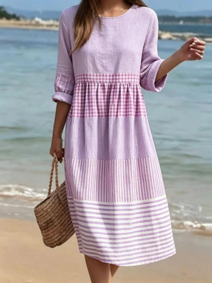 Womens Casual Patchwork Cotton-Linen Dress