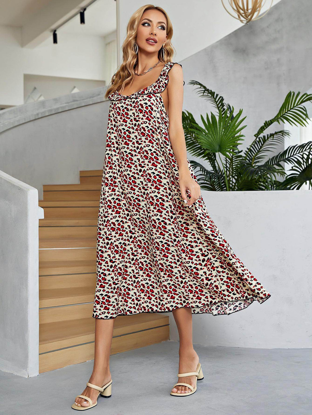 Printed Ruffled Sleeveless Midi Dress for Chic Style
