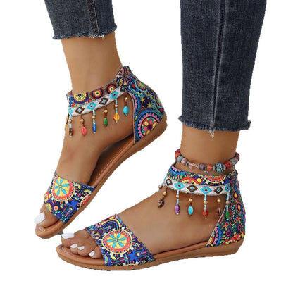 Printed Fabric Wedge Tassel Round Toe Sandals