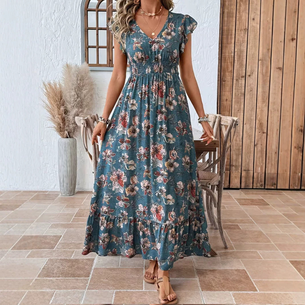 Womens Printed V-neck Dolman-sleeve Dress