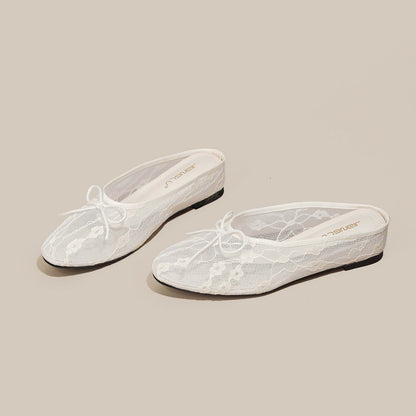4cm Hidden-Heel Bow-Knot Lace Fishnet Breathable Hollowed-Out Closed-Toe Half Slippers
