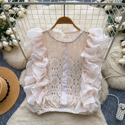 Lace Sleeveless Top With Ruffled Paneling And Hollowed-Out Details