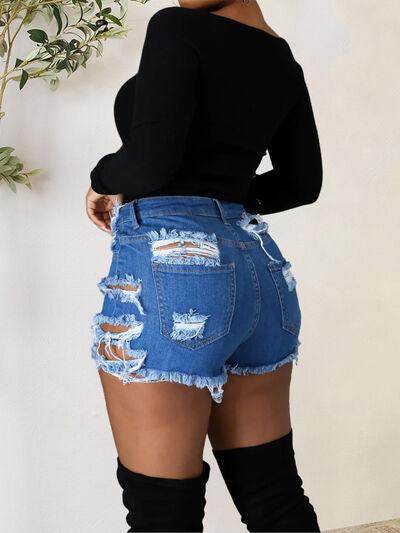 Distressed Raw Hem Denim Shorts with Pockets for Women