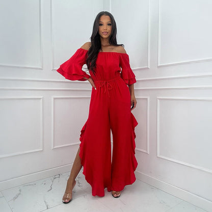 European And American Solid-color Off-shoulder Jumpsuit With A Belt