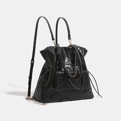Preppy-style Oil-waxed Leather Quilted Chain Backpack For Women