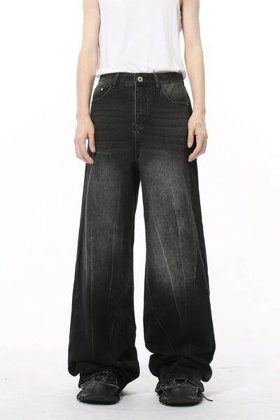 Washed Lightning Pattern Wide Leg Jeans for Stylish Comfort