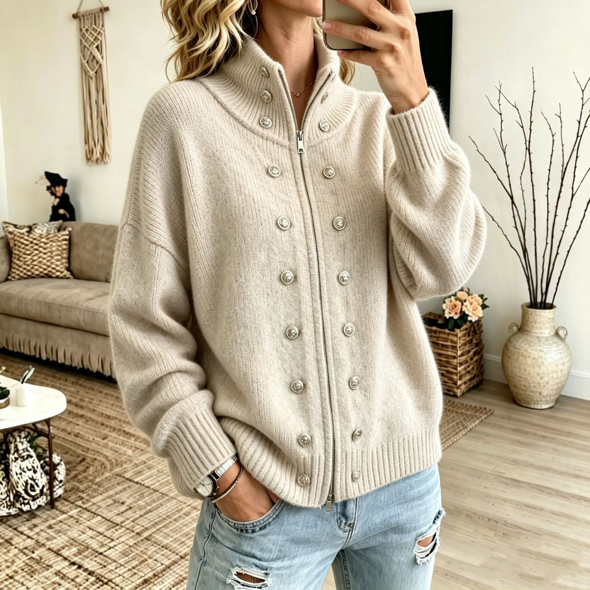Women's Sweater Coat With Metal Buttons And Double Zippers