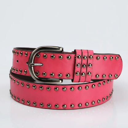Womens Soft-leather Belt With Pin Buckle And Decorative Rivets