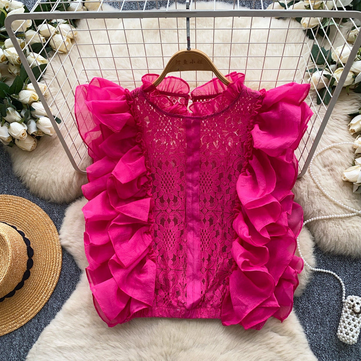 Lace Sleeveless Top With Ruffled Paneling And Hollowed-Out Details
