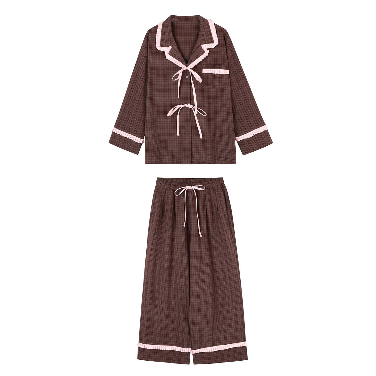 Womens Lace-Trimmed Plaid Top And Pants Set