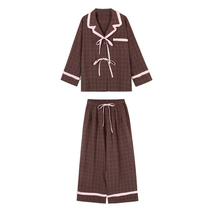 Womens Lace-Trimmed Plaid Top And Pants Set