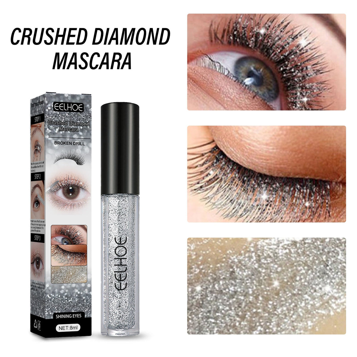 Crushed Diamond Mascara, Set Primer Instant Dry Film Flash Tear Eye Non-Smell-Free Mascara