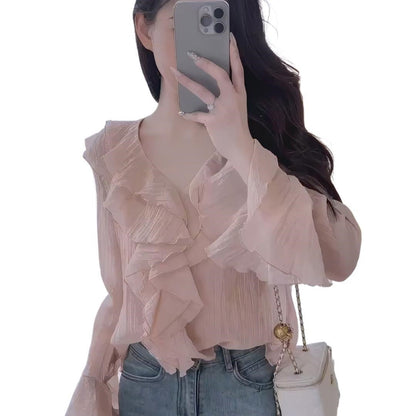 Gentle And Sweet Ruffled-edge Blouse For Women
