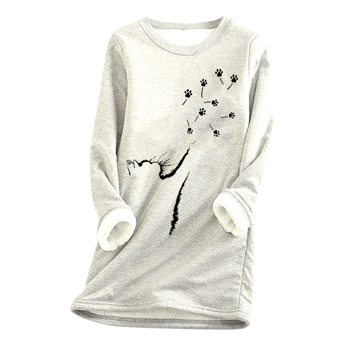 Womens Cat-Paw Print Fluffy Crew-Neck Sweatshirt