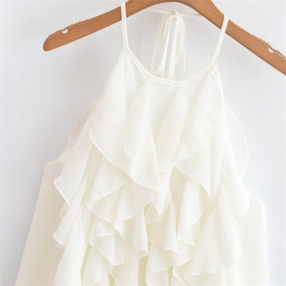 Summer New Style Women's Fashion Sexy Spaghetti Strap Ruffle Neck Tie Crop Top