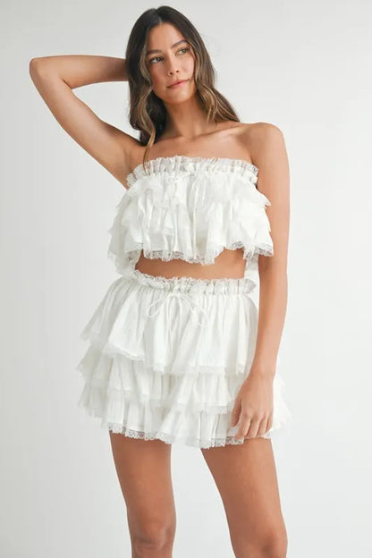 MABLE Ruffle Layered Crop Top and Mini Skirt Set