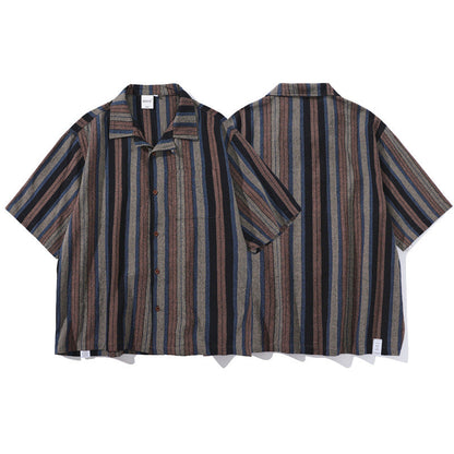 Japanese-style Retro Amekaji Ethnic Style Striped Short Sleeve Shirt