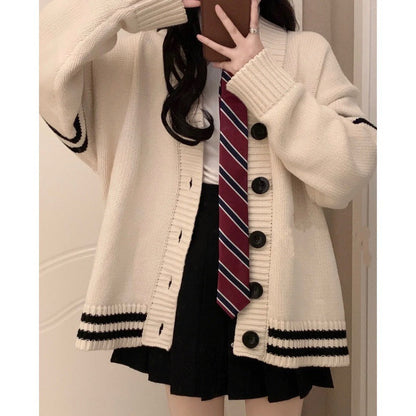 Design-focused Relaxed-fit Preppy-style Long-sleeve Knitted Cardigan
