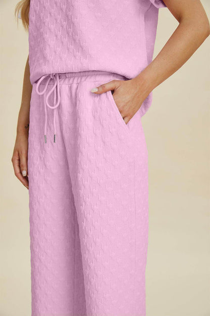 Double Take Full Size Texture Round Neck Top and Pants Set