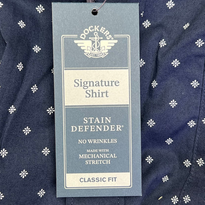 DOCKERS Stain Defender Button Up Shirt Daisy Pattern Men's Sz XXL Navy Blue