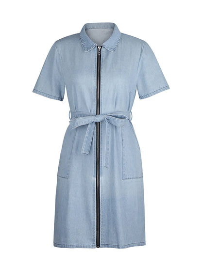 Full Size Zip Front Short Sleeve Denim Dress Plus Size