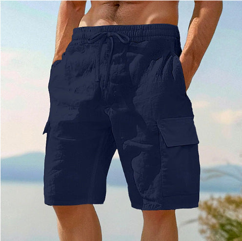 Beach Shorts With Elastic Waist Drawstring Multiple Pockets Solid Color