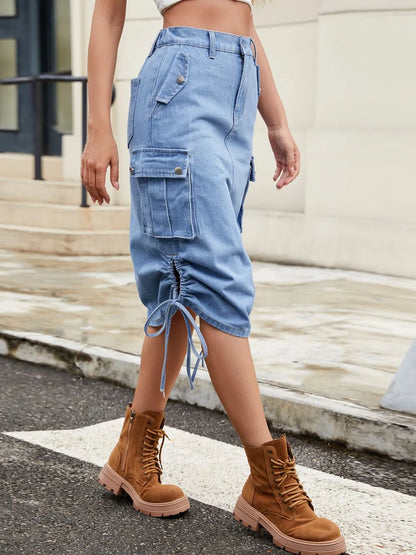 Drawstring Denim Skirt with Cargo Pockets